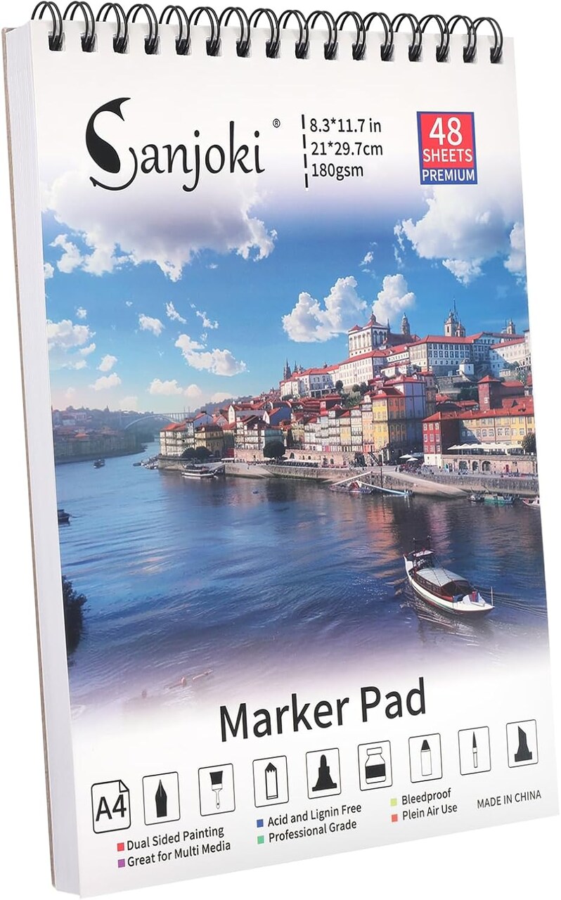 Premium Marker Pad 48 Sheets, 180gsm Bleedproof Alcohol Marker Paper, Dual-Sided Drawing Pad 8.3" x 11.7", Acid & Lignin Free Professional Sketchbook for Markers, Acrylic Pens & Mixed Media Art